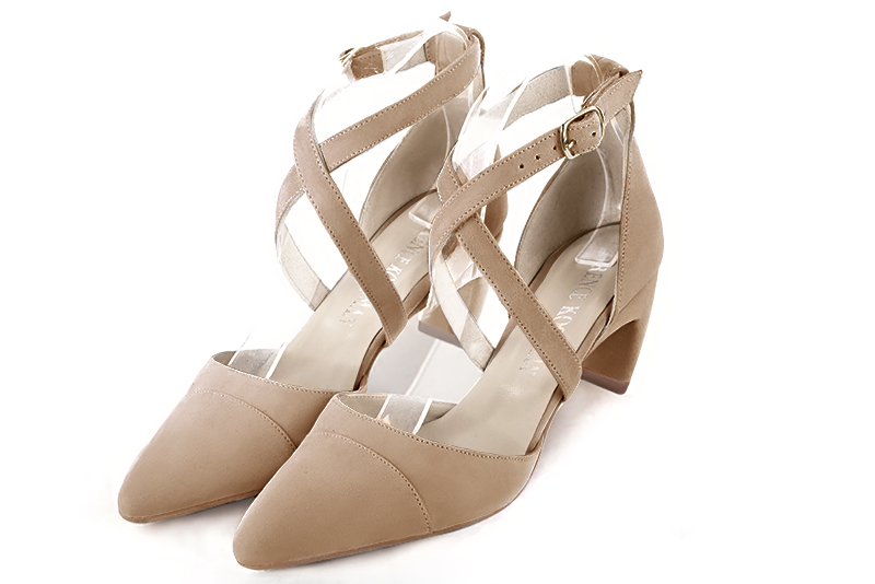 Biscuit beige women's open side shoes, with crossed straps. Tapered toe. Medium comma heels. Front view - Florence KOOIJMAN